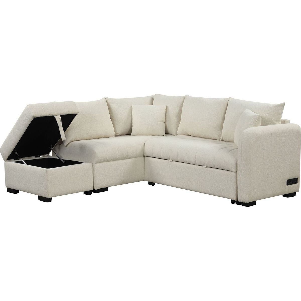 82.6" L-shaped Sectional Pull Out Sofa Bed Sleeper Sofa with Two USB Ports, Two Power Sockets and a Movable Storage Ottoman, Beige