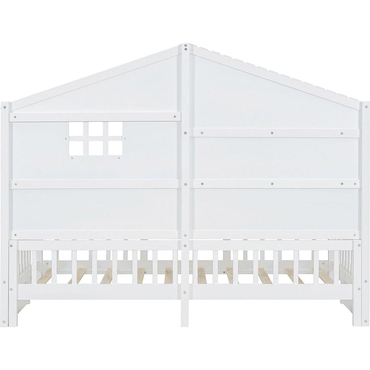 Twin Size House Bed with Shelves, House Bed with Window and Sparkling Light Strip on the Roof, White