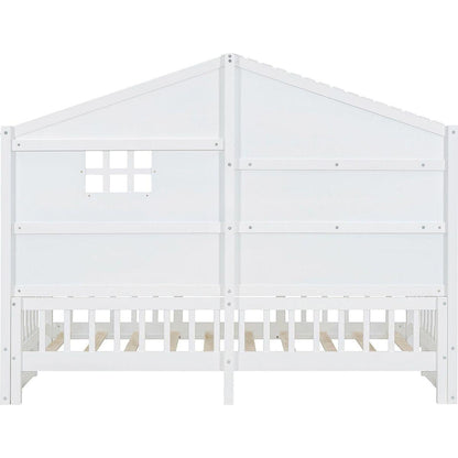 Twin Size House Bed with Shelves, House Bed with Window and Sparkling Light Strip on the Roof, White