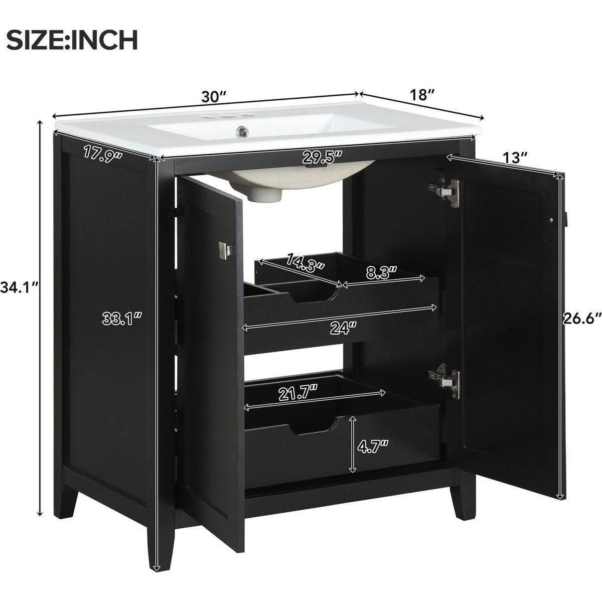 30inch Freestanding Bathroom Vanity Combo with Ceramic Sink Shaker Style Vanities -2 Doors and 2 Drawers