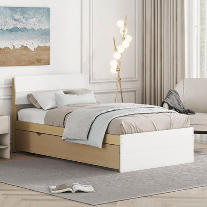 Modern Twin Bed Frame With Trundle For White High Gloss Headboard and Footboard With Light Oak Color
