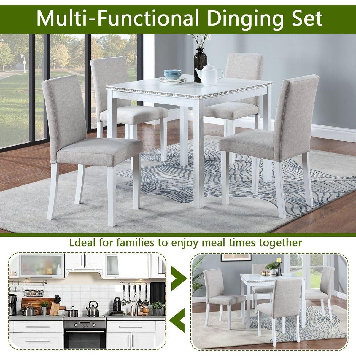 5 Piece Wooden Dining Table Set, Kitchen Table Set with a Square Table and 4 Upholstered Chairs, Wooden Dining Room Table with Crystal Decoration and Chairs Set for Kitchen, Dining Room, White