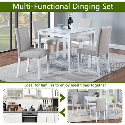 5 Piece Wooden Dining Table Set, Kitchen Table Set with a Square Table and 4 Upholstered Chairs, Wooden Dining Room Table with Crystal Decoration and Chairs Set for Kitchen, Dining Room, White