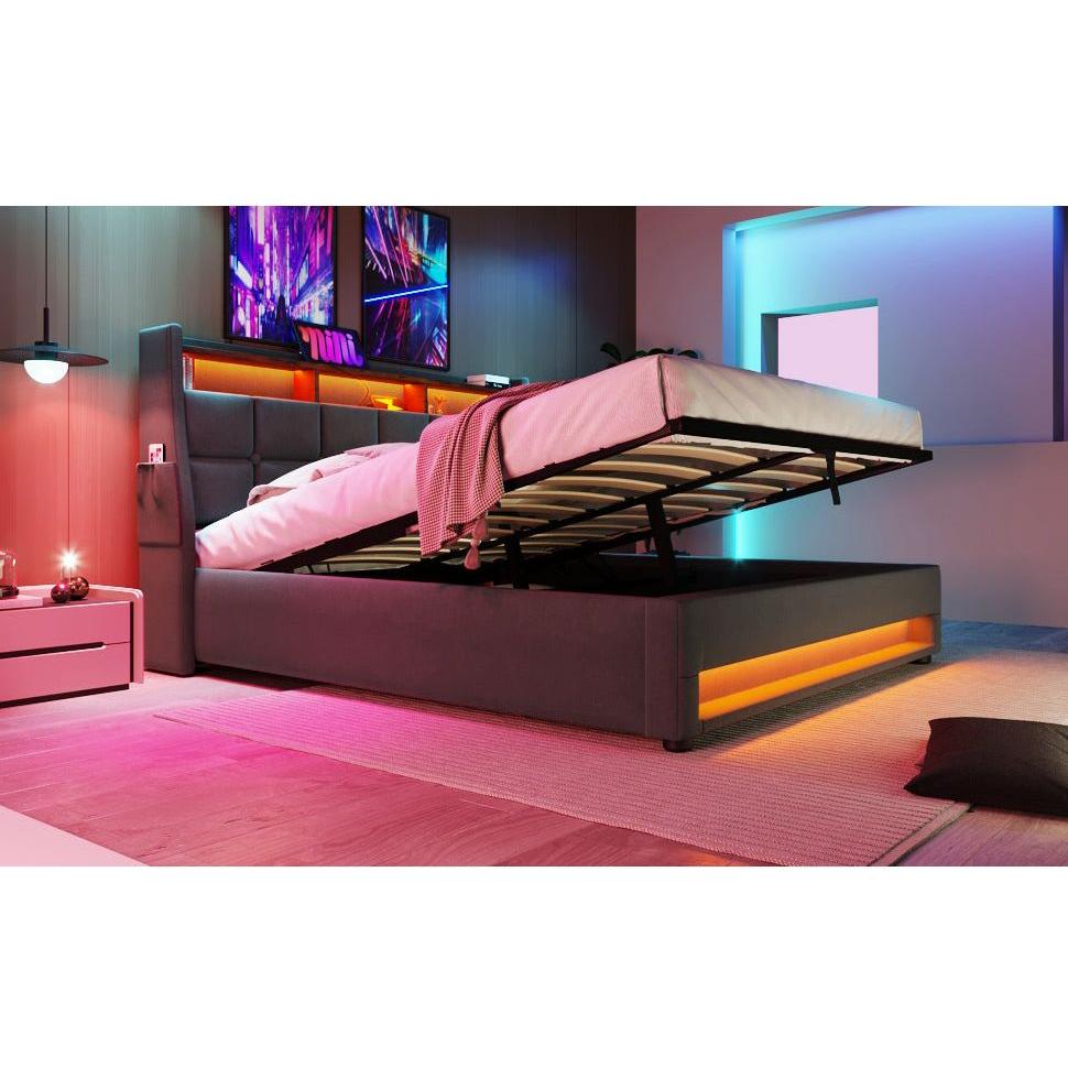 Full size Upholstered Platform bed with a Hydraulic Storage System, LED and USB Charging, Grey (without mattress)