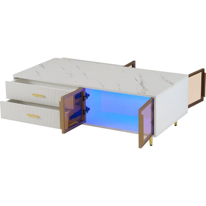 Modern White Coffee Table with 2 Glass Door Storage, 4 Drawers, Gold Metal Legs, and Multi-Color Lighting in 47.2"