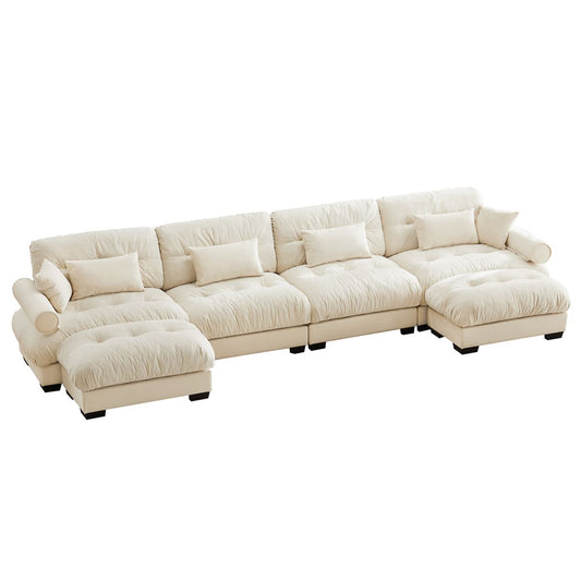 Modern Velvet U Shaped Sectional Sofa with Movable Ottomans, Cream Upholstered 4 Seater with Bolstered Armrests and Pillows