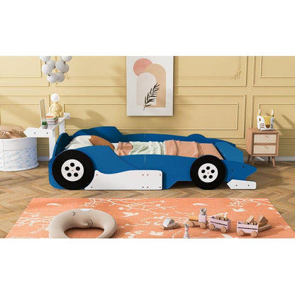 Full Size Race Car-Shaped Platform Bed with Wheels,Blue