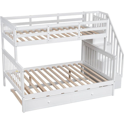 Twin-Over-Full Bunk Bed with Twin size Trundle, Storage and Guard Rail for Bedroom, Dorm, for Adults, White