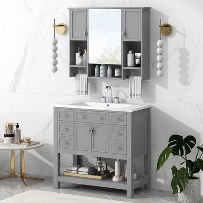 36" Bathroom Vanity with Top Sink, Modern Mirror Cabinet with Towels Bar, Bathroom Storage Cabinet with 2 Soft Closing Doors and 6 Drawers, Single Sink Bathroom Vanity