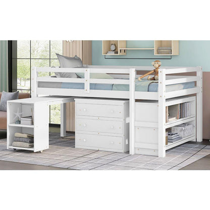 Low Study Full Loft Bed with Cabinet, Shelves and Rolling Portable Desk, Multiple Functions Bed- White