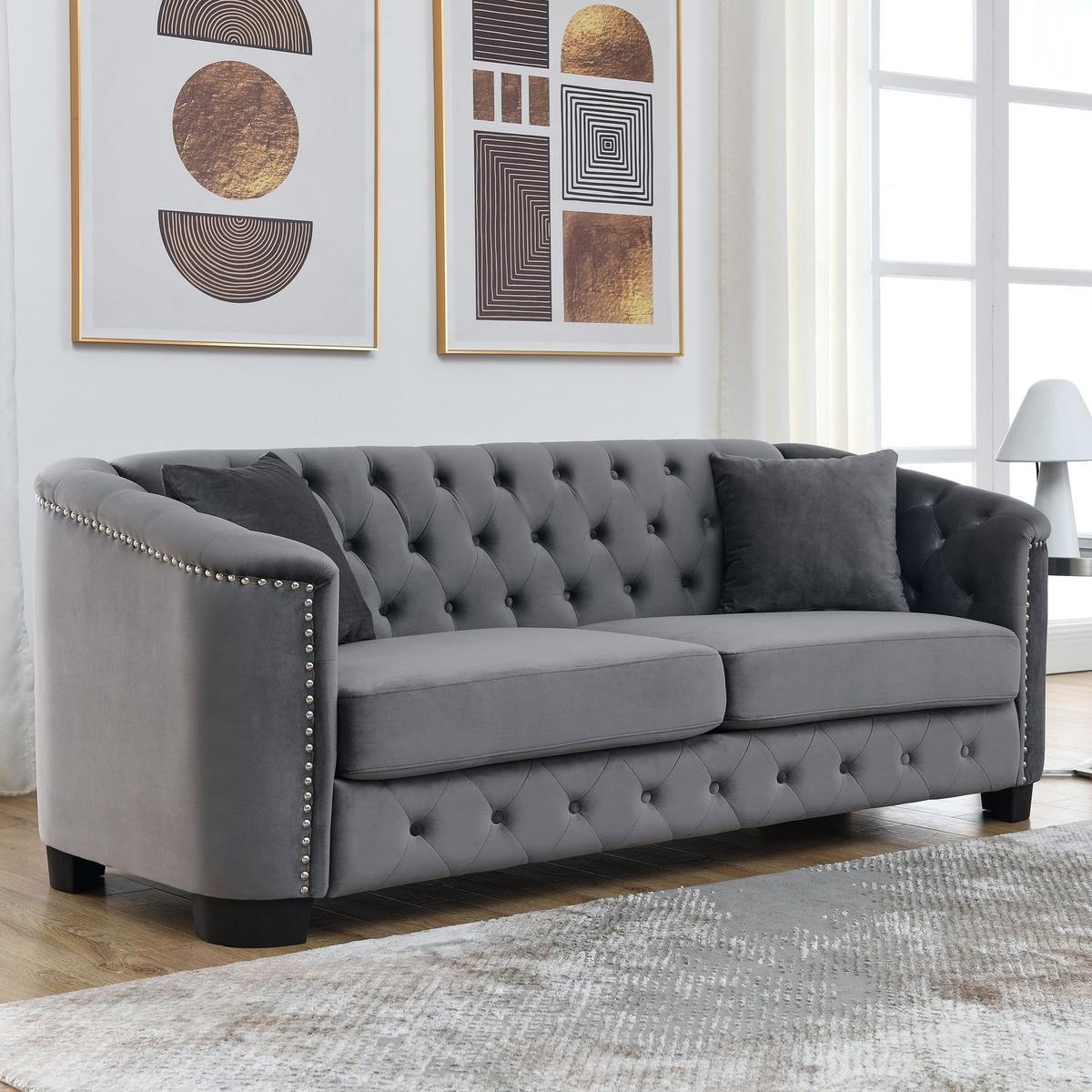 77-Inch Modern Chesterfield Velvet Sofa, 3-Seater Sofa, Upholstered Tufted Backrests with Nailhead Arms and 2 Cushions for Living Room, Bedroom, Apartment, Office (Grey)