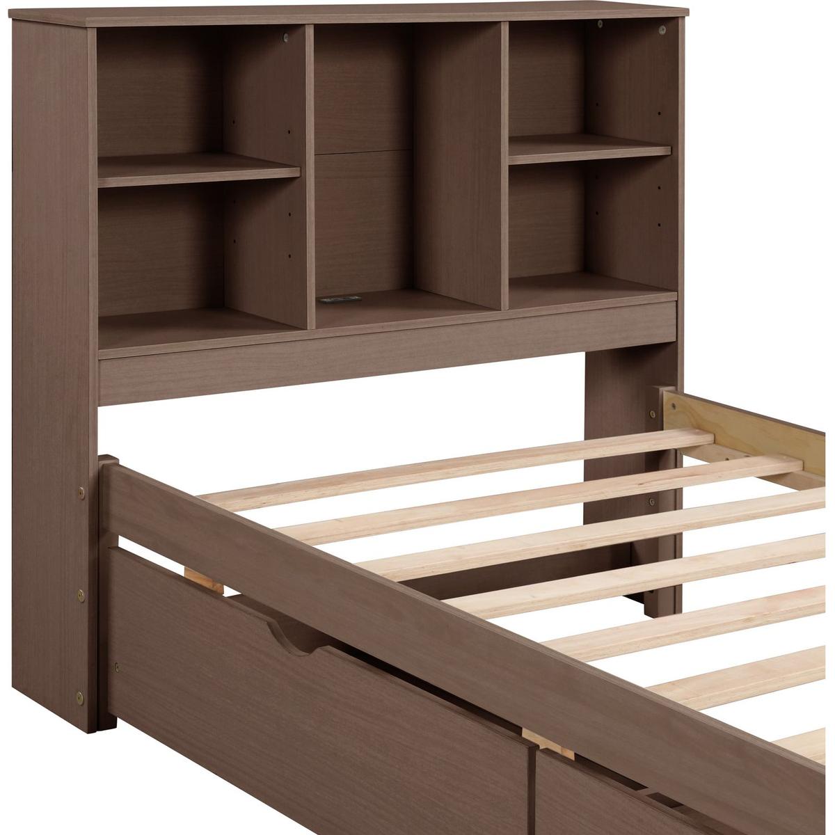 Modern Twin Size Bed Frame With Built-in USB Port on Bookcase Headboard and 2 Drawers for Walnut Color