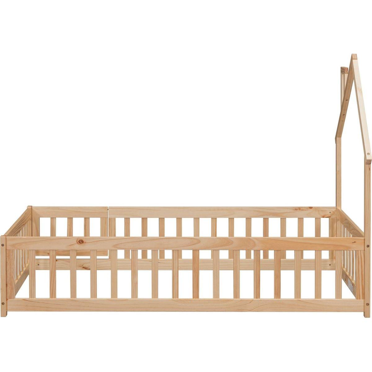 Twin House-Shaped Headboard Floor Bed with Fence ,Natural