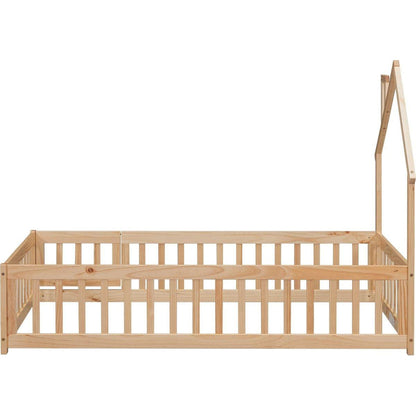 Twin House-Shaped Headboard Floor Bed with Fence ,Natural