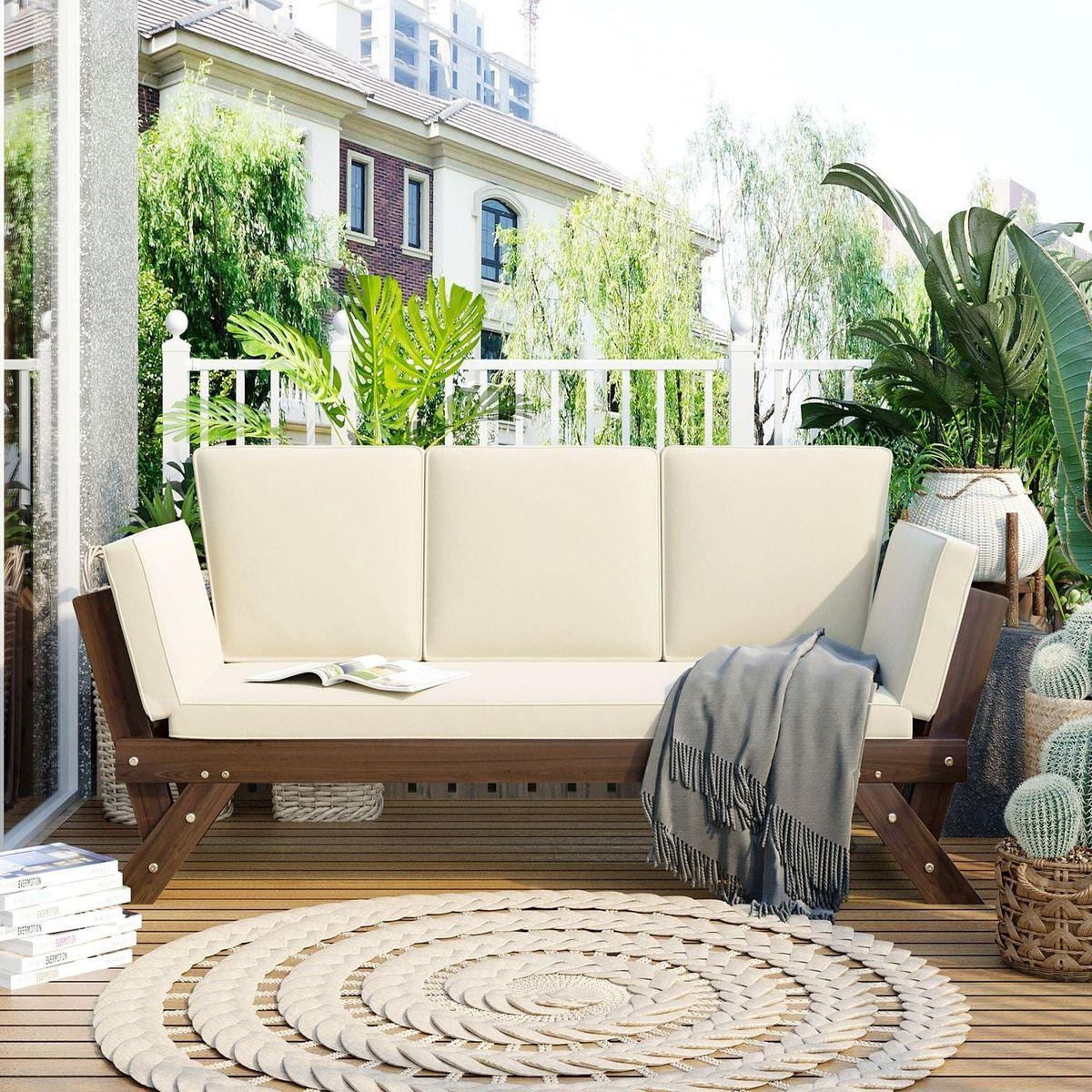 Outdoor Adjustable Patio Wooden Daybed Sofa Chaise Lounge with Cushions for Small Places, Brown Finish+Beige Cushion