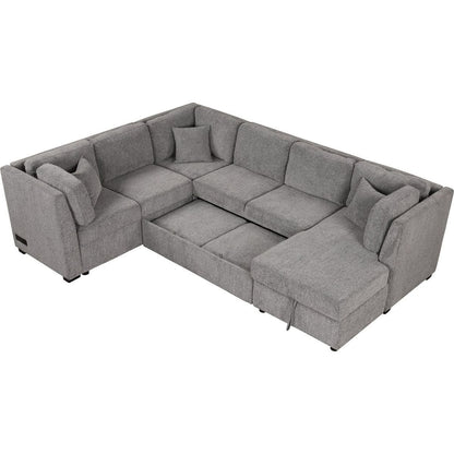 108.6" U-shaped Sectional Sofa Pull out Sofa Bed with Two USB Ports, Two Power Sockets, Three Back Pillows and a Storage Chaise for Living Room, Light Gray