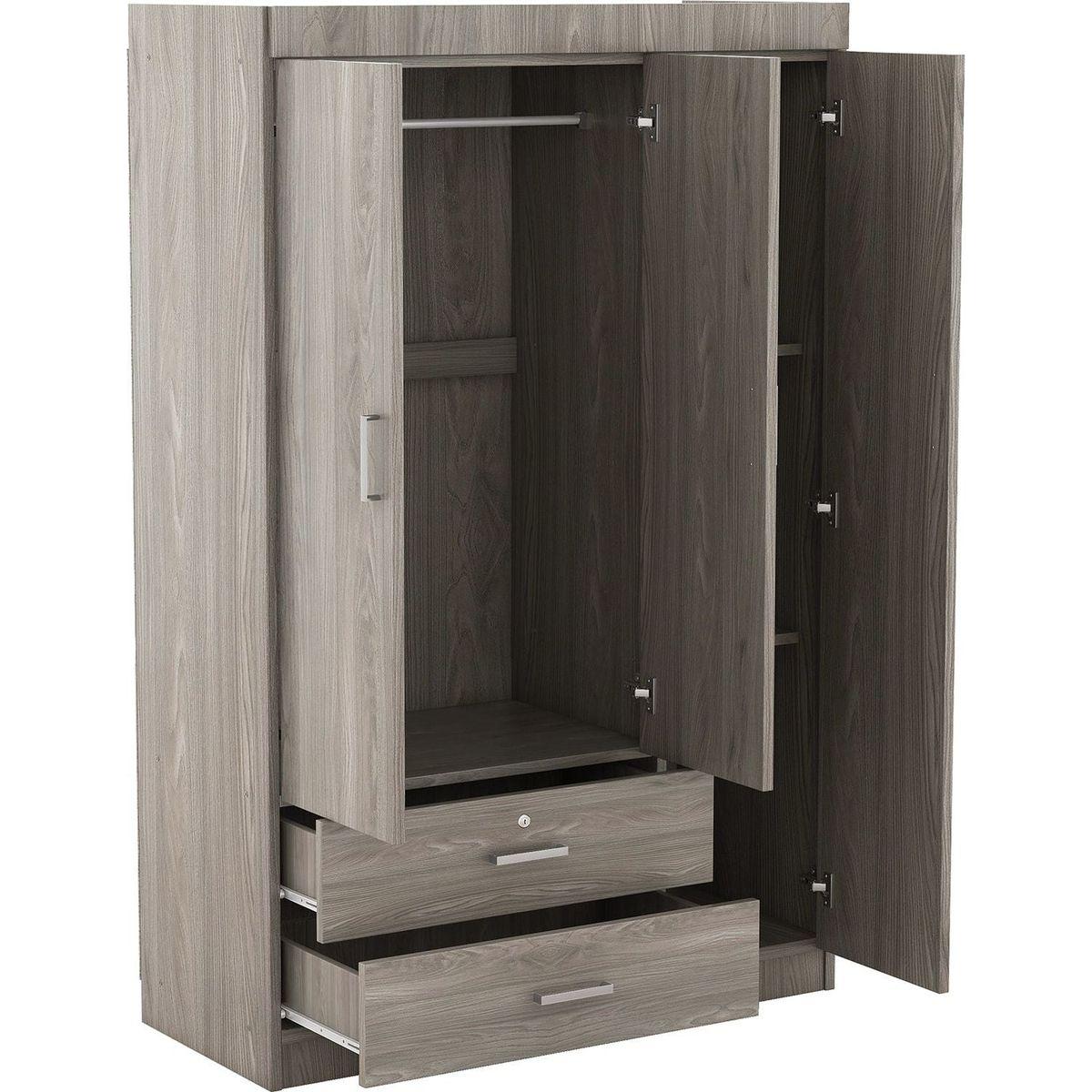3-Door Wardrobe with 2 Drawers, Wood Grain Effect in Gray