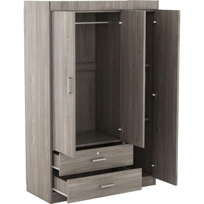 3-Door Wardrobe with 2 Drawers, Wood Grain Effect in Gray