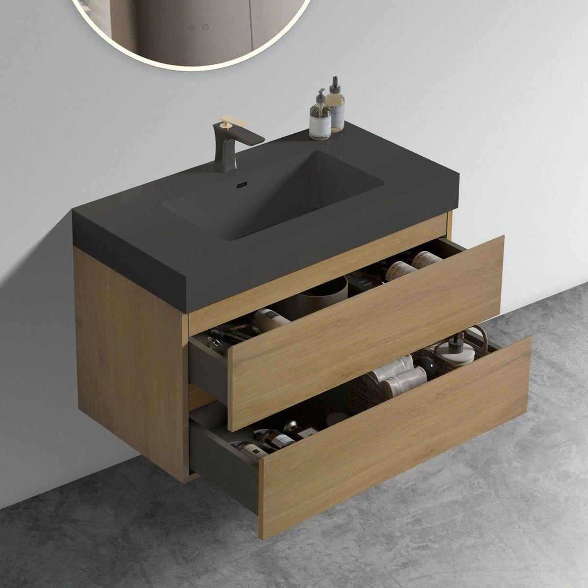 U092-Alice36W-106 Alice 36" Natural oak Bathroom Vanity with Sink, Large Storage Wall Mounted Floating Bathroom Vanity for Modern Bathroom, One-Piece Black Sink Basin without Drain, Pre-assembled