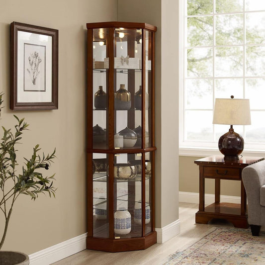 6 Shelf Lighted Corner Curio Cabinet with Adjustable Tempered Glass Shelves and Mirror Back, Walnut