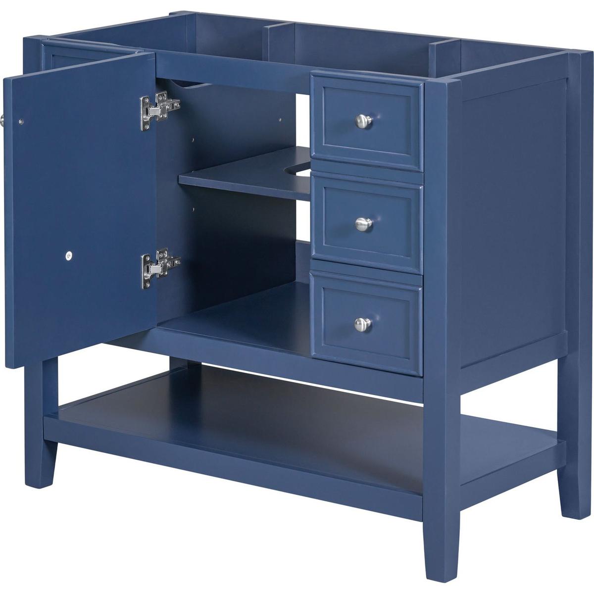 36" Bathroom Vanity without Sink, Cabinet Base Only, One Cabinet and three Drawers, Blue