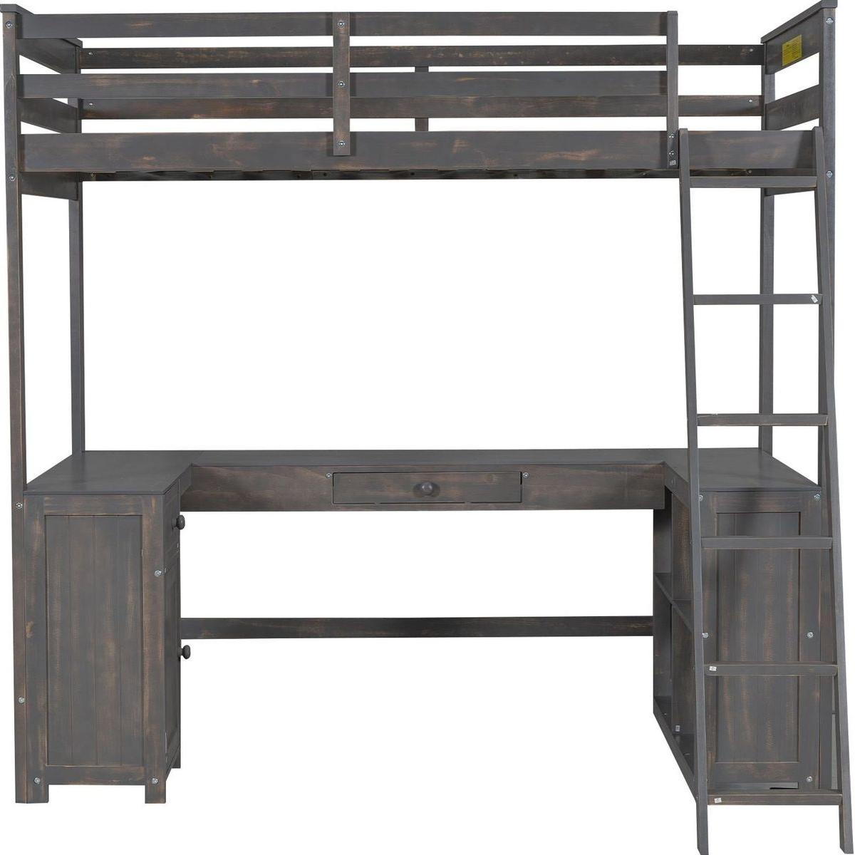 Twin Size Loft Bed with U-shaped Desk, Drawers and Storage Shelves, Antique Brown