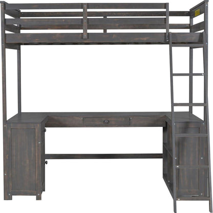 Twin Size Loft Bed with U-shaped Desk, Drawers and Storage Shelves, Antique Brown