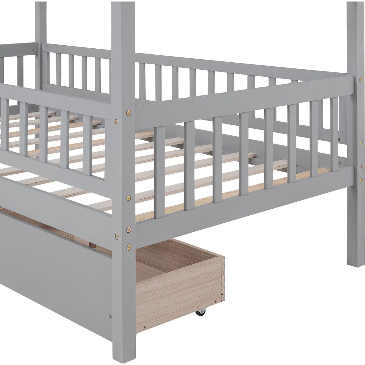 Twin Size Wooden House Bed with Two Drawers, Gray