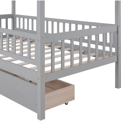 Twin Size Wooden House Bed with Two Drawers, Gray