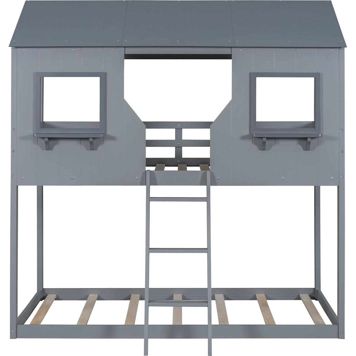 Twin Over Twin Bunk Bed Wood Bed with Roof, Window, Guardrail, Ladder (Gray)
