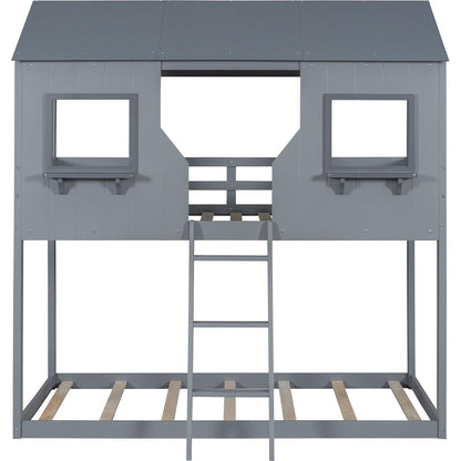 Twin Over Twin Bunk Bed Wood Bed with Roof, Window, Guardrail, Ladder (Gray)