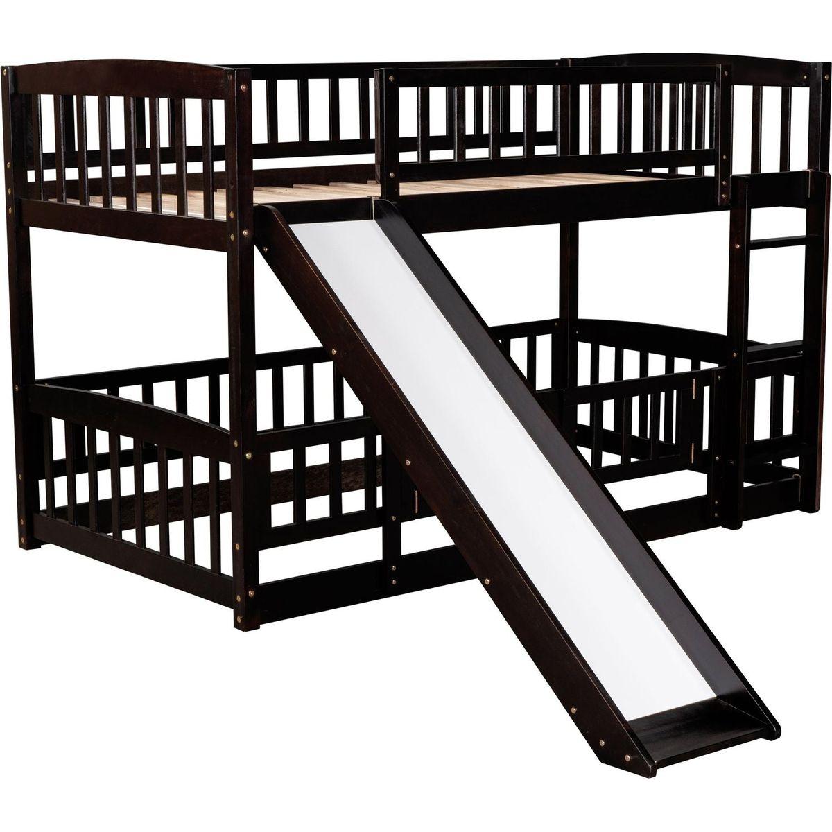 Bunk Bed with Slide,Twin Over Twin Low Bunk Bed with Fence and Ladder for Toddler Kids Teens Espresso