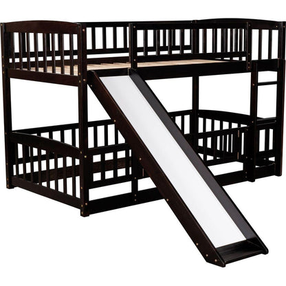 Bunk Bed with Slide,Twin Over Twin Low Bunk Bed with Fence and Ladder for Toddler Kids Teens Espresso