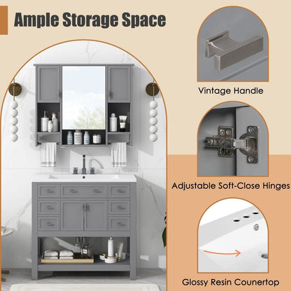 36" Bathroom Vanity with Top Sink, Modern Mirror Cabinet with Towels Bar, Bathroom Storage Cabinet with 2 Soft Closing Doors and 6 Drawers, Single Sink Bathroom Vanity