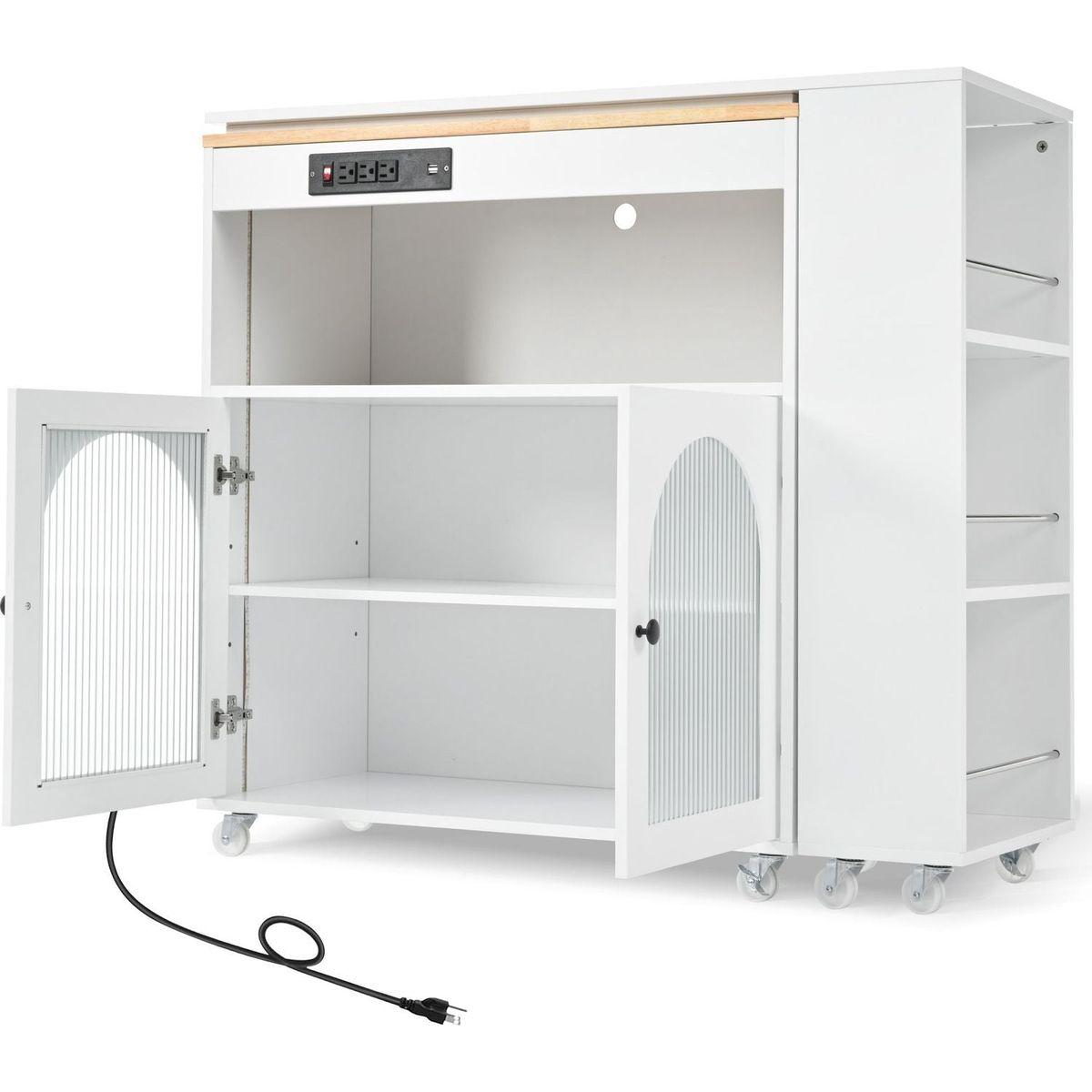 Rolling Kitchen Island With Movable Extended Table, Kitchen Cabinet on Wheels with Power Outlets and 2 Fluted Glass Doors, Kitchen Island with a Storage Compartment and Side 3 Open Shelves, White