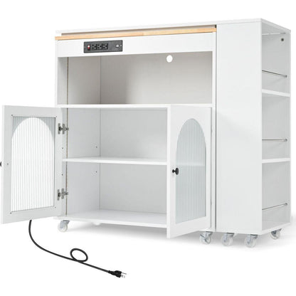 Rolling Kitchen Island With Movable Extended Table, Kitchen Cabinet on Wheels with Power Outlets and 2 Fluted Glass Doors, Kitchen Island with a Storage Compartment and Side 3 Open Shelves, White