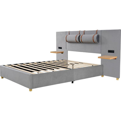 Queen Upholstered Platform Bed, Two Outlets and USB Charging Ports on Both Sides, Two Bedside Pillows, Storage Shelves, Velvet,Gray