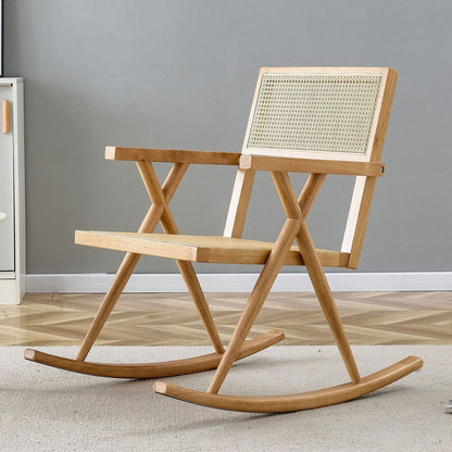 Solid wood+imitation rattan rocking chair allows you to relax quietly indoors and outdoors, enhancing your sense of relaxation, suitable for balconies, gardens, and camping sites