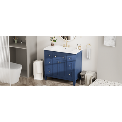 36" Bathroon Vanity with Resin Sink Combo Set, Modern Freestanding Single Bathroom Cabinet with 6 Drawers & 2 Cabinets, Storage Cabinet for Bathroom, Solid Wood Frame Vanity Set, Blue