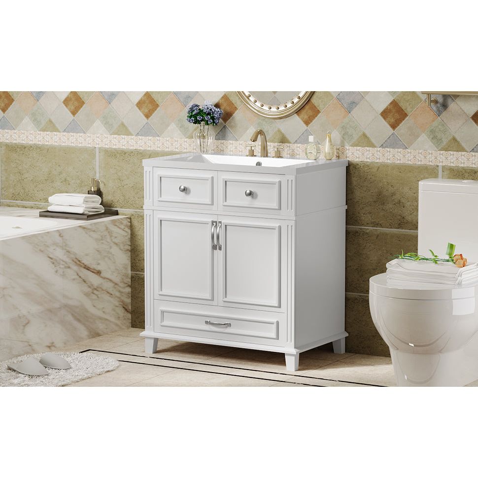 30" Bathroom Vanity with Resin Sink, Solid Wood Frame Bathroom Storage Cabinet with Soft Closing Doors, Retro Style, White