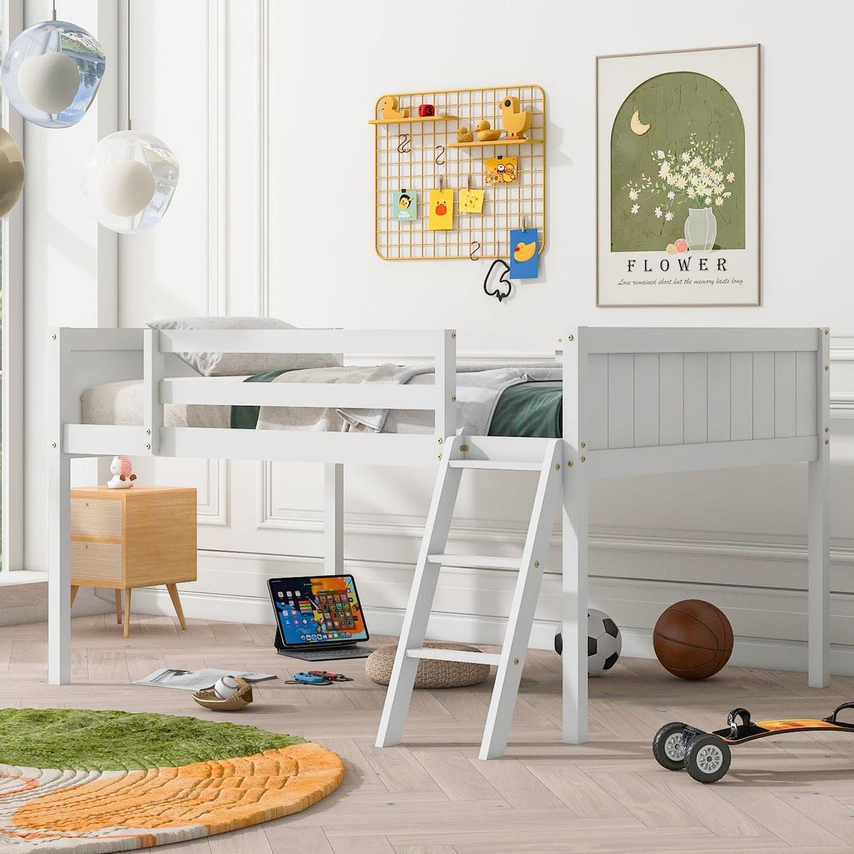 Full Size Wood Low Loft Bed with Ladder, ladder can be placed on the left or right, White(O