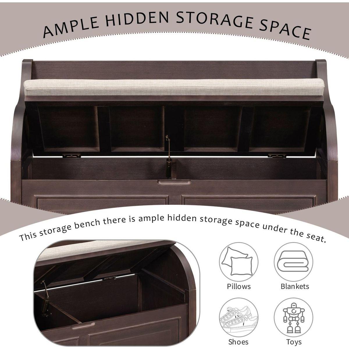 Rustic Style Solid wood Entryway Multifunctional Storage Bench with Safety Hinge (Espresso + Beige)