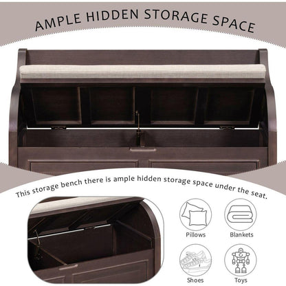 Rustic Style Solid wood Entryway Multifunctional Storage Bench with Safety Hinge (Espresso + Beige)