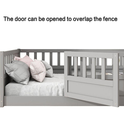 Twin Size Floor bed, integral construction with super high security barrier, door, children's floor bed frame, Montessori wooden children's floor bed, Grey