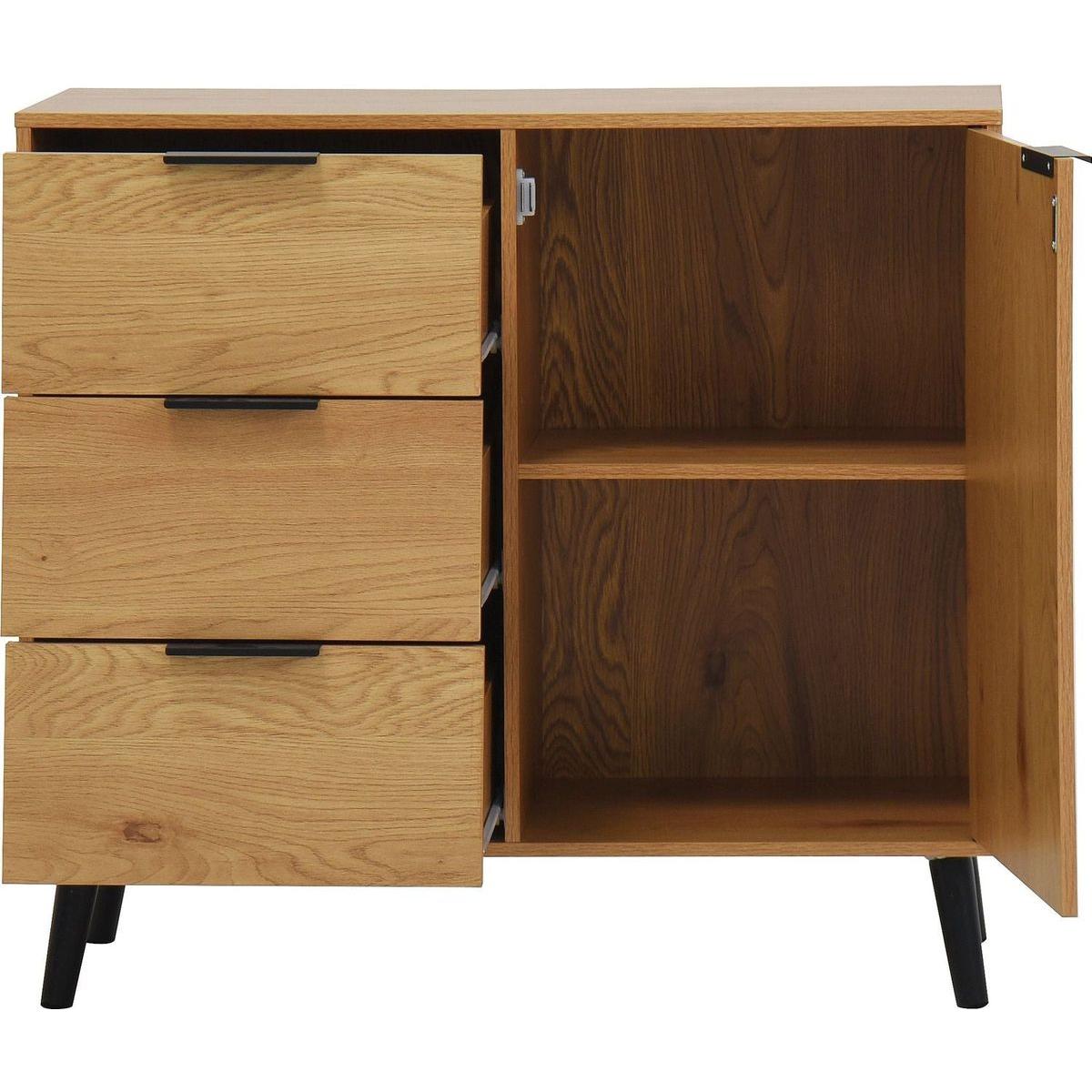 Storage Cabinet with 3 Drawers & Adjustable Shelf, Mid Century Cabinet with Door, Accent Cabinet for Living Room, Home Office, Entryway, Natural Wood Color