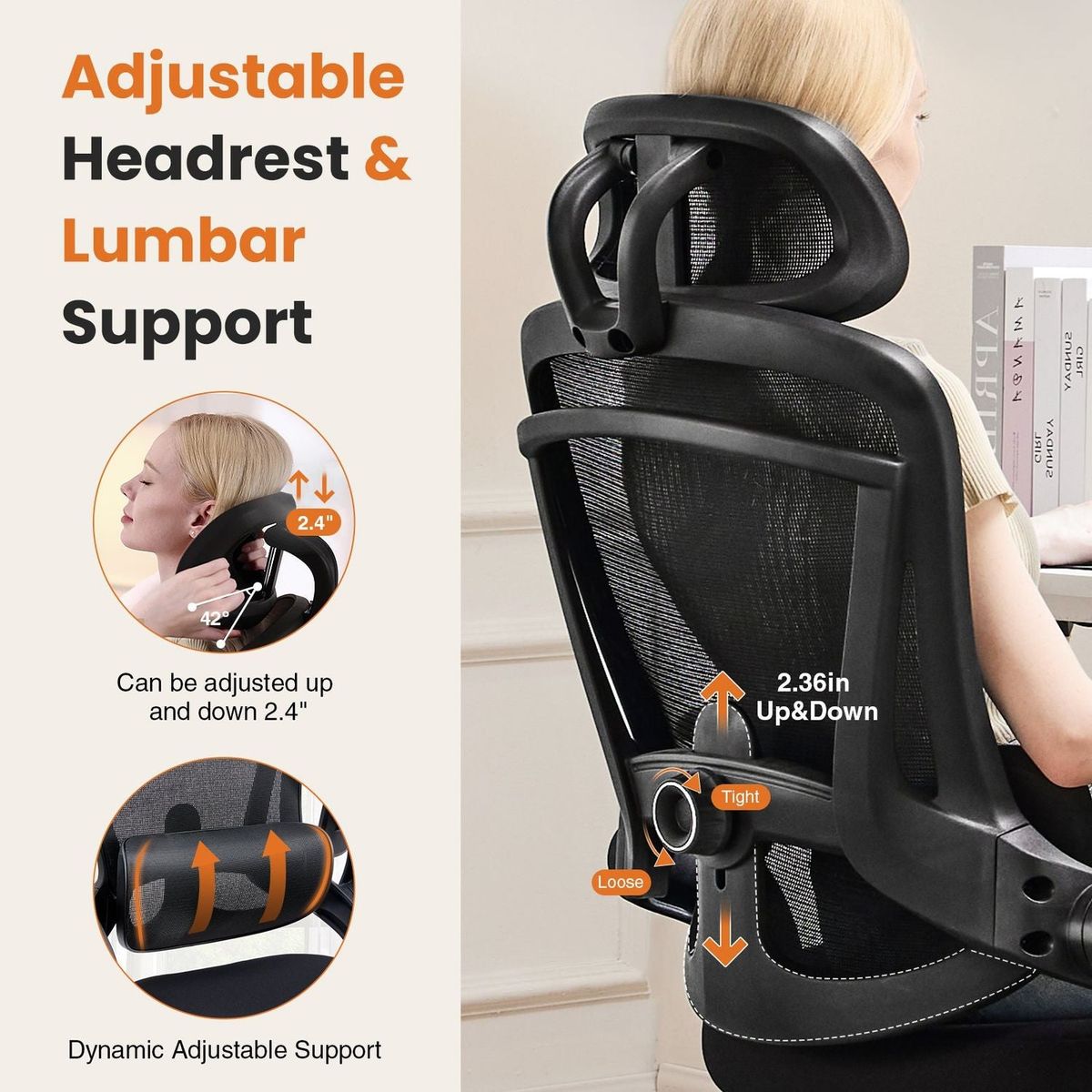 High Back Desk Chair with Adjustable Lumbar Support & Headrest,Comfortable Mesh Computer Chair with Soft Flip Up Arms, Adjustable Height and 120Tilt,Black