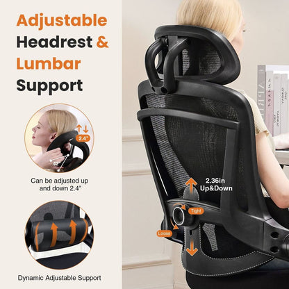 High Back Desk Chair with Adjustable Lumbar Support & Headrest,Comfortable Mesh Computer Chair with Soft Flip Up Arms, Adjustable Height and 120Tilt,Black