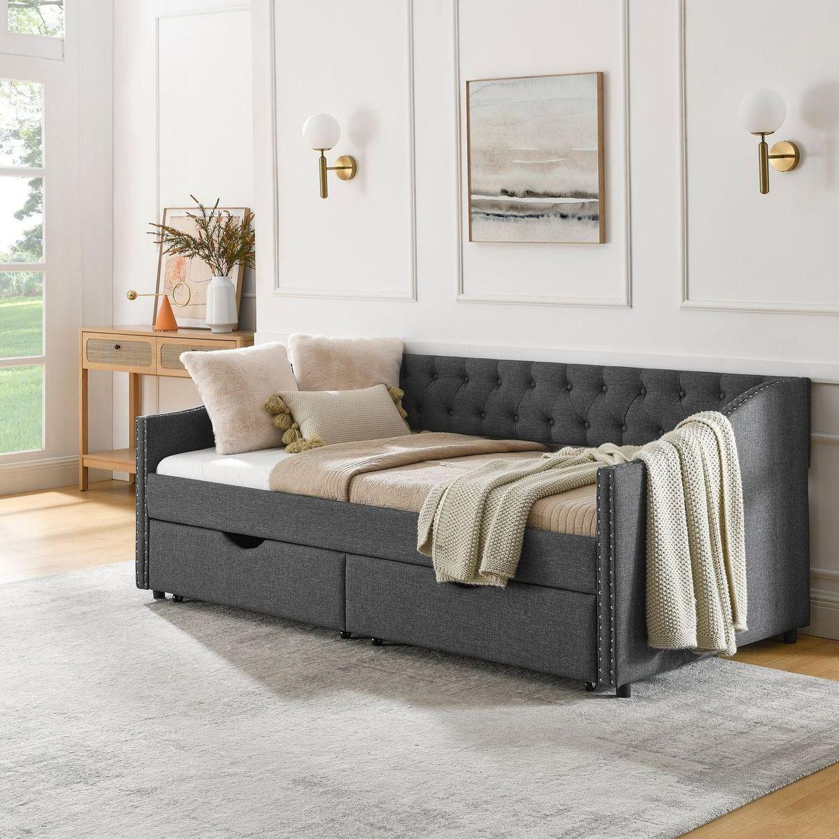 Twin Size Daybed with Drawers Upholstered Tufted Sofa Bed, with Button on Back and Copper Nail on Waved Shape Arms(81.5"x4"x30.5")