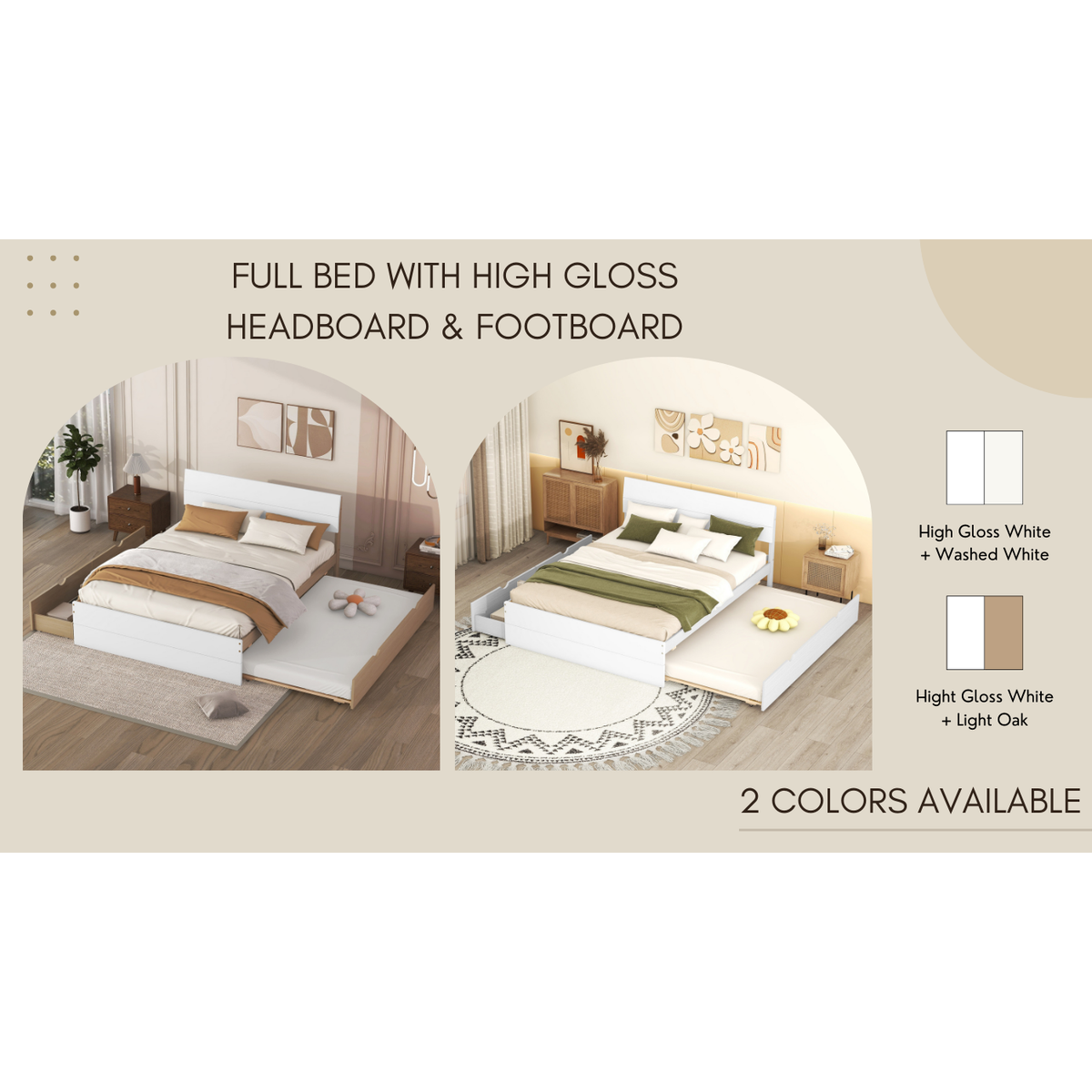 Modern Full Bed Frame With Twin Size Trundle And 2 Drawers For White High Gloss and Washed White Color