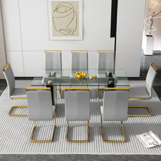 Table and chair set, large modern minimalist rectangular glass table, can accommodate 6-8 people, equipped with tempered glass tabletop and large MDF table legs, comfortable and minimalist chairs.